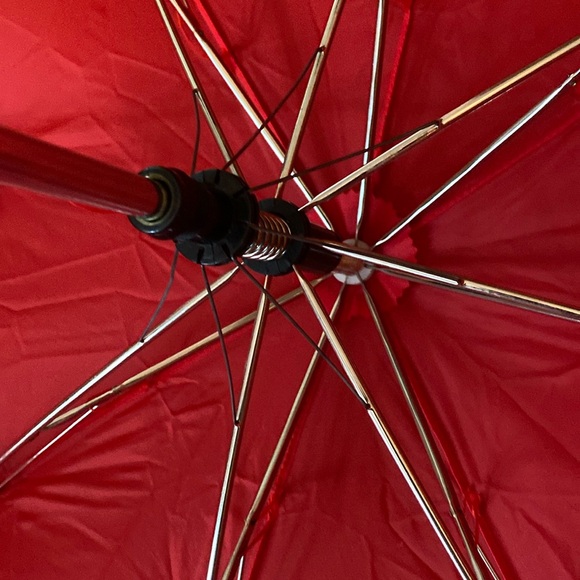 Vintage Raines Premier Wood Duck Handle Push Button Umbrella Red - Picture 7 of 13